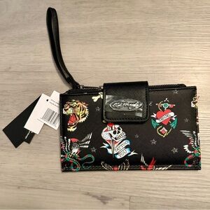 NWT Ed Hardy Y2K Tattoo Print Wallet Wristlet Card Case Zip Skull Tiger Black